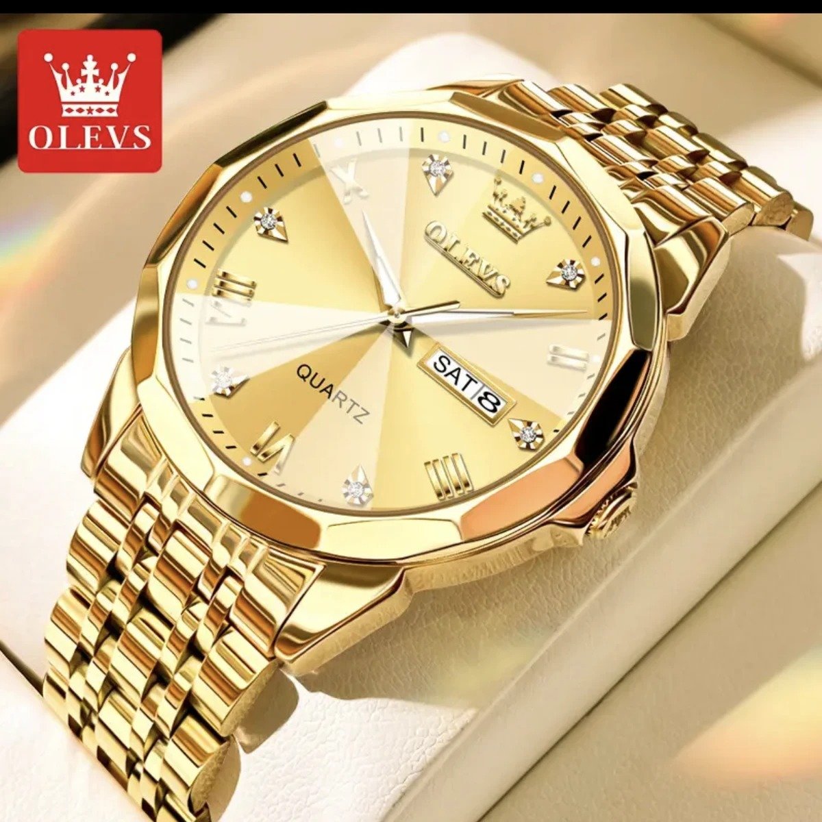 OLEVS 9931 Quartz Watch For Men Rhombus Mirror Stainless Steel Waterproof Date Week Clock Simplicity Luxury Men's Wristwatch- Golden